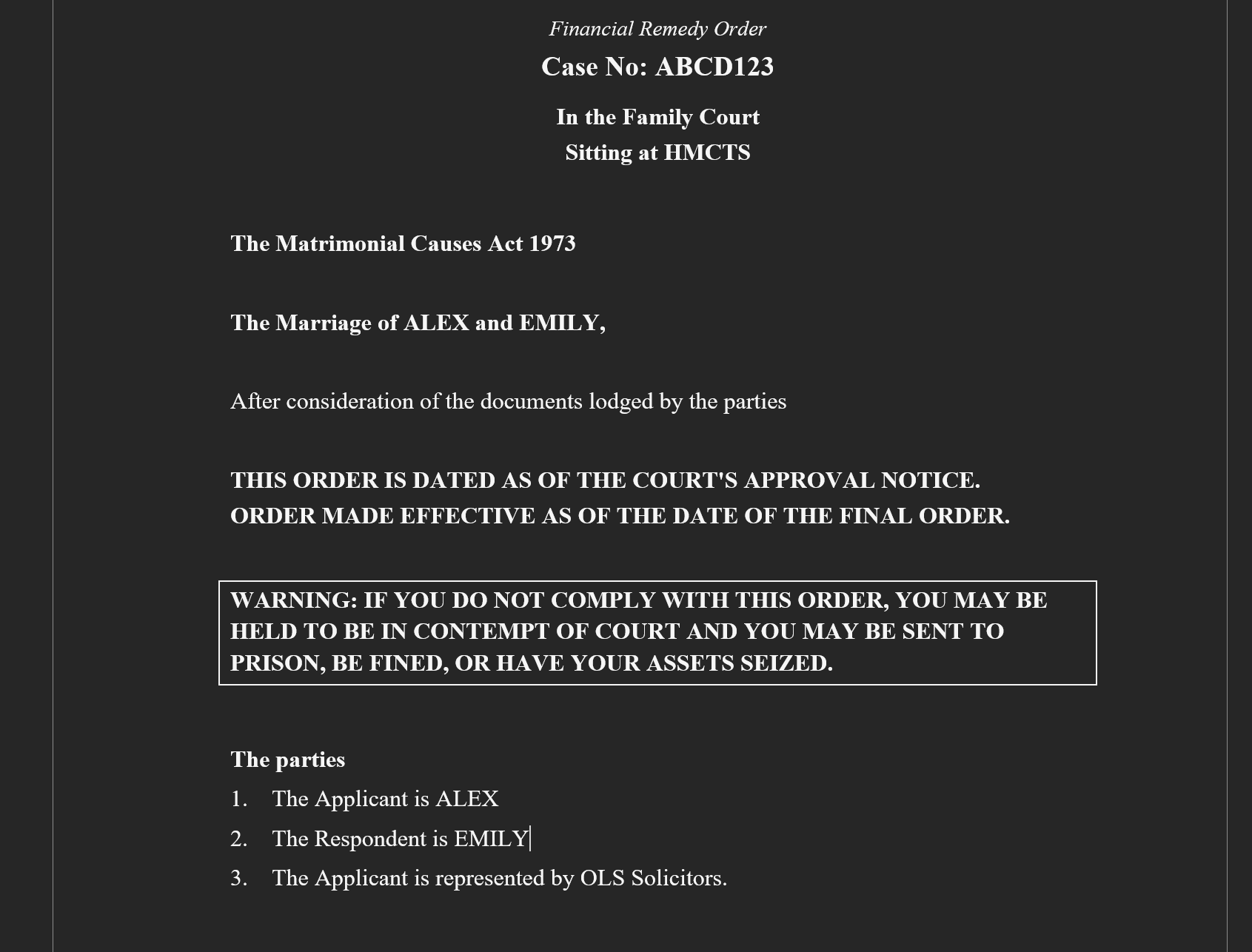 Preview of a finished Consent Order document