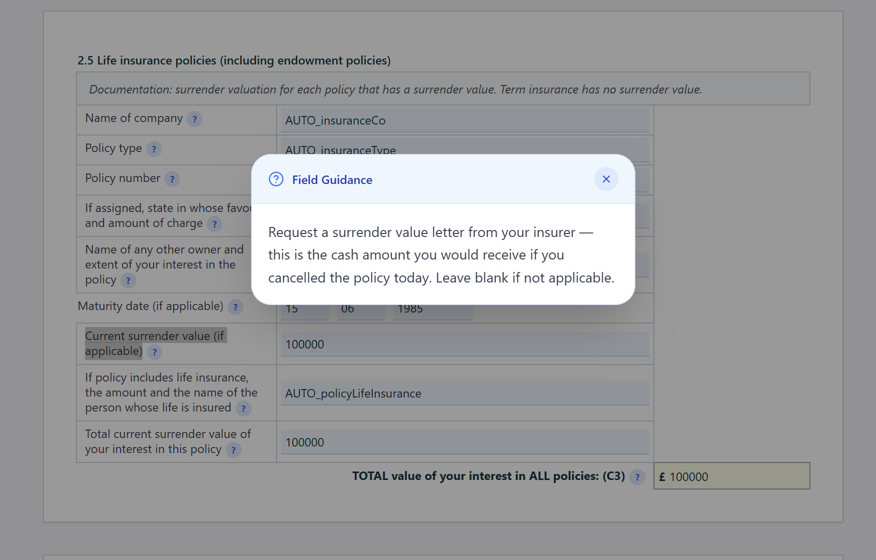 Form E Online section 2.5 Life insurance policies with a Field Guidance popup explaining how to request a surrender value letter from your insurer