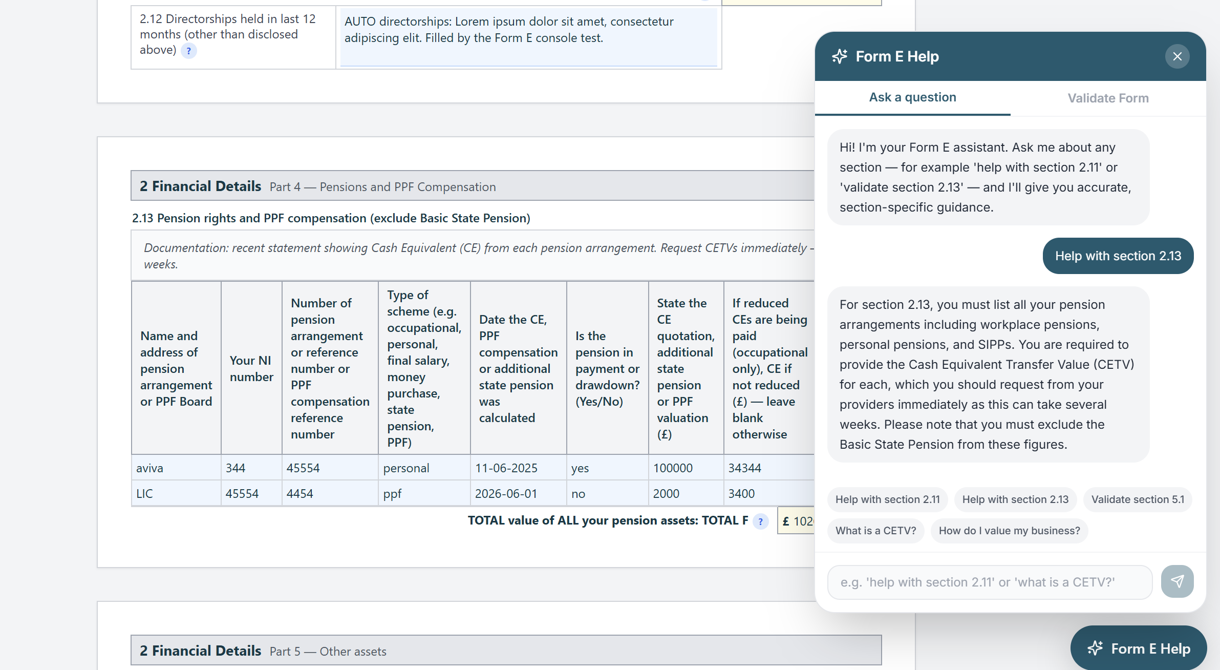 Form E Help chat assistant answering a question about section 2.13 pensions in plain English