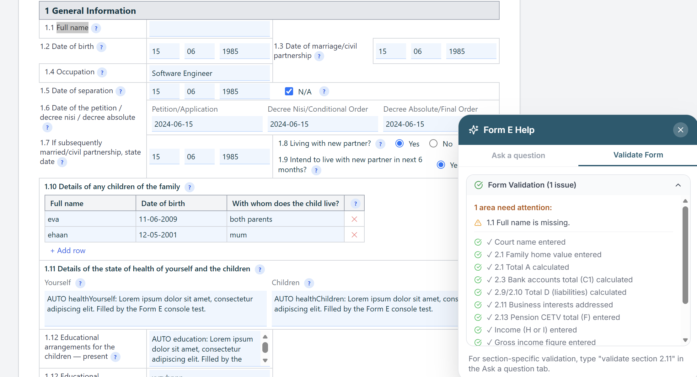 Form Validation panel showing completed sections and flagging missing information before filing