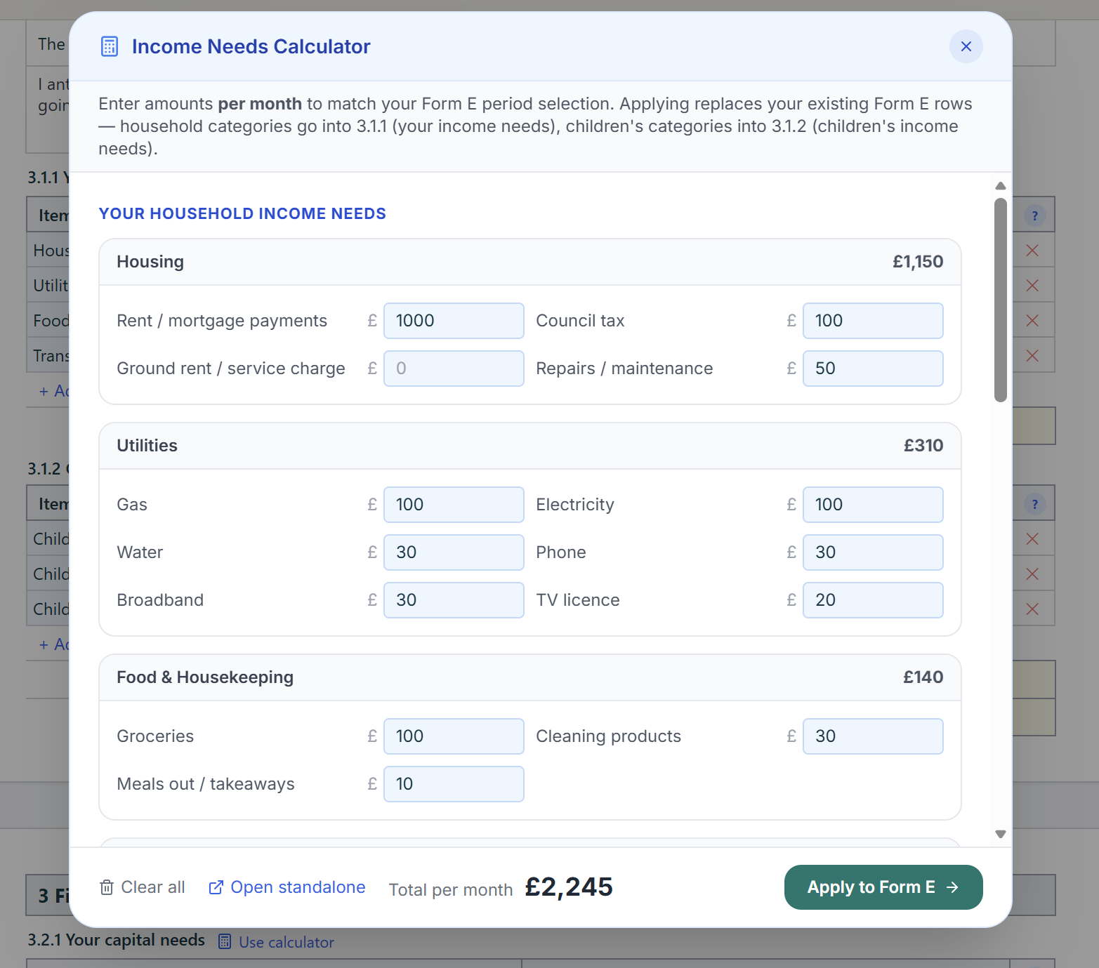 Income Needs Calculator modal showing categorised entry with totals and Apply to Form E button