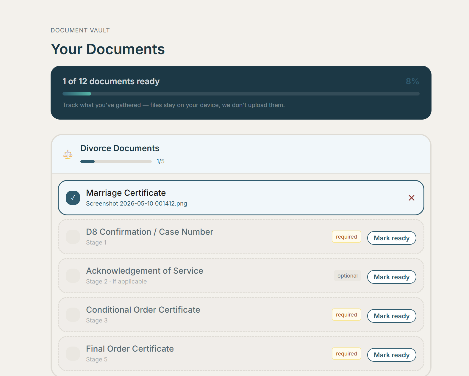 Document Vault showing 1 of 12 documents ready at 8 percent, with the Divorce Documents track expanded: Marriage Certificate marked ready, plus D8 Confirmation, Acknowledgement of Service, Conditional Order Certificate and Final Order Certificate with required and optional badges and Mark ready buttons