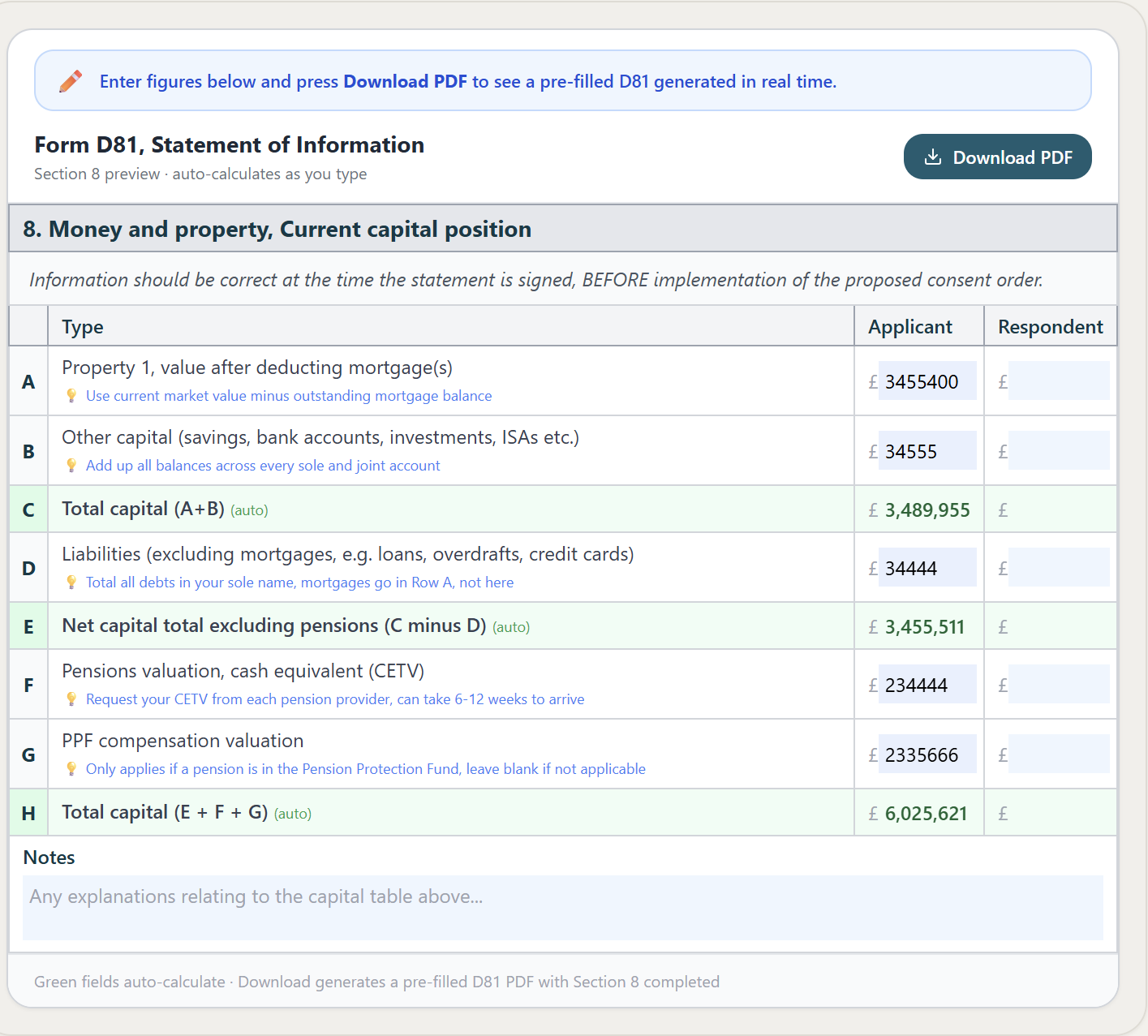 Form D81 Builder Section 8 with auto-calculating capital position fields and field-level guidance