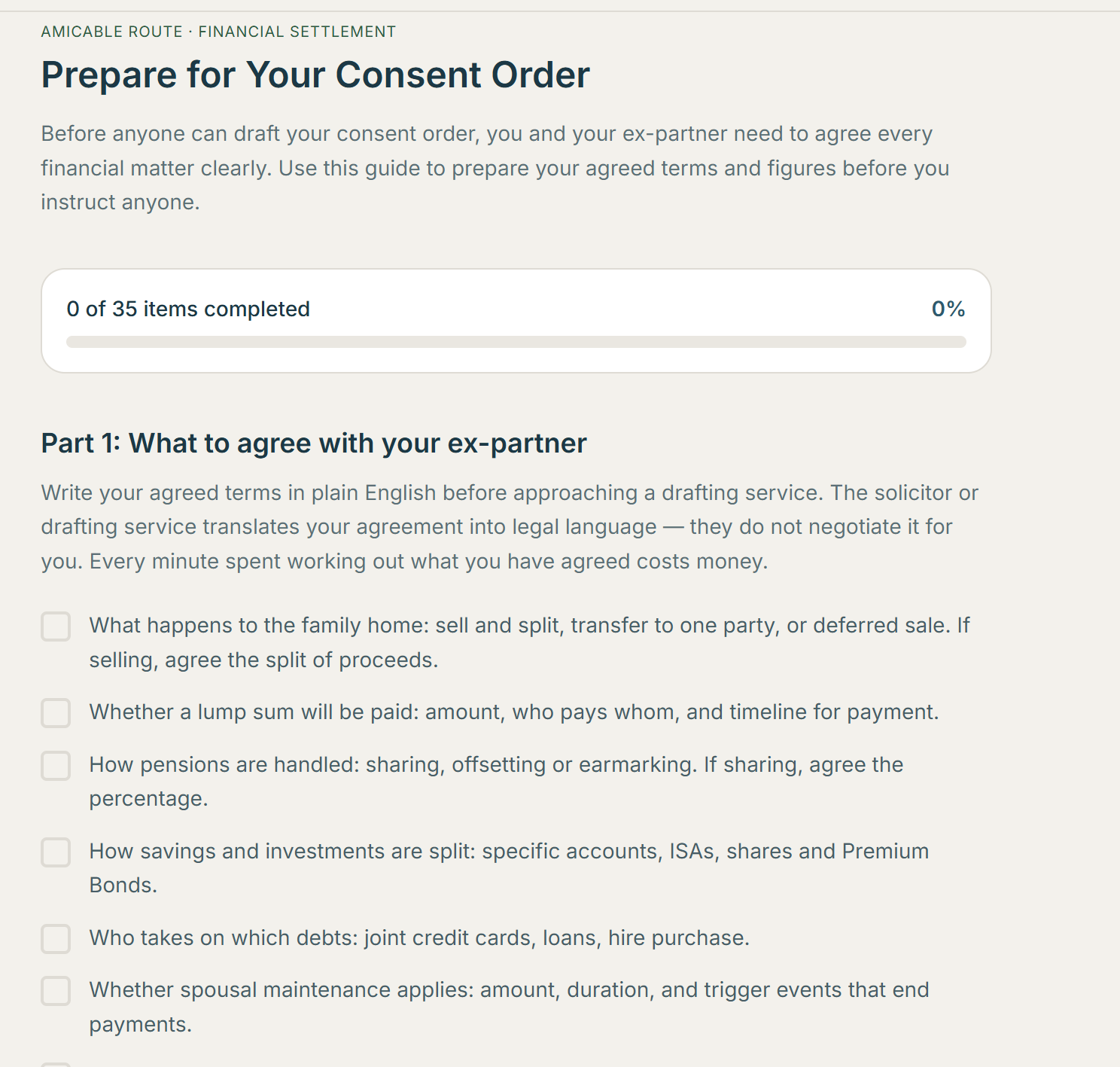 Prepare for Your Consent Order checklist with 35 items grouped by what to agree before instructing a solicitor