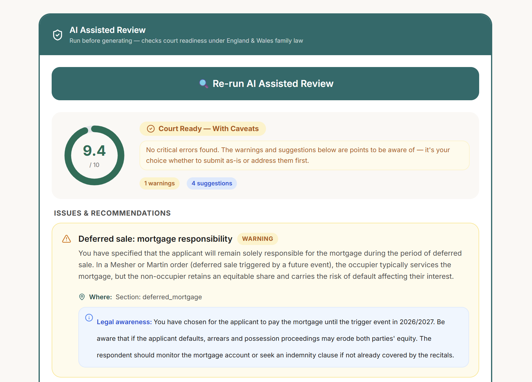 AI Assisted Review panel showing a 9.4 out of 10 court-readiness score labelled Court Ready with Caveats, 1 warning and 4 suggestions, with a highlighted issue about deferred sale mortgage responsibility under a Mesher order