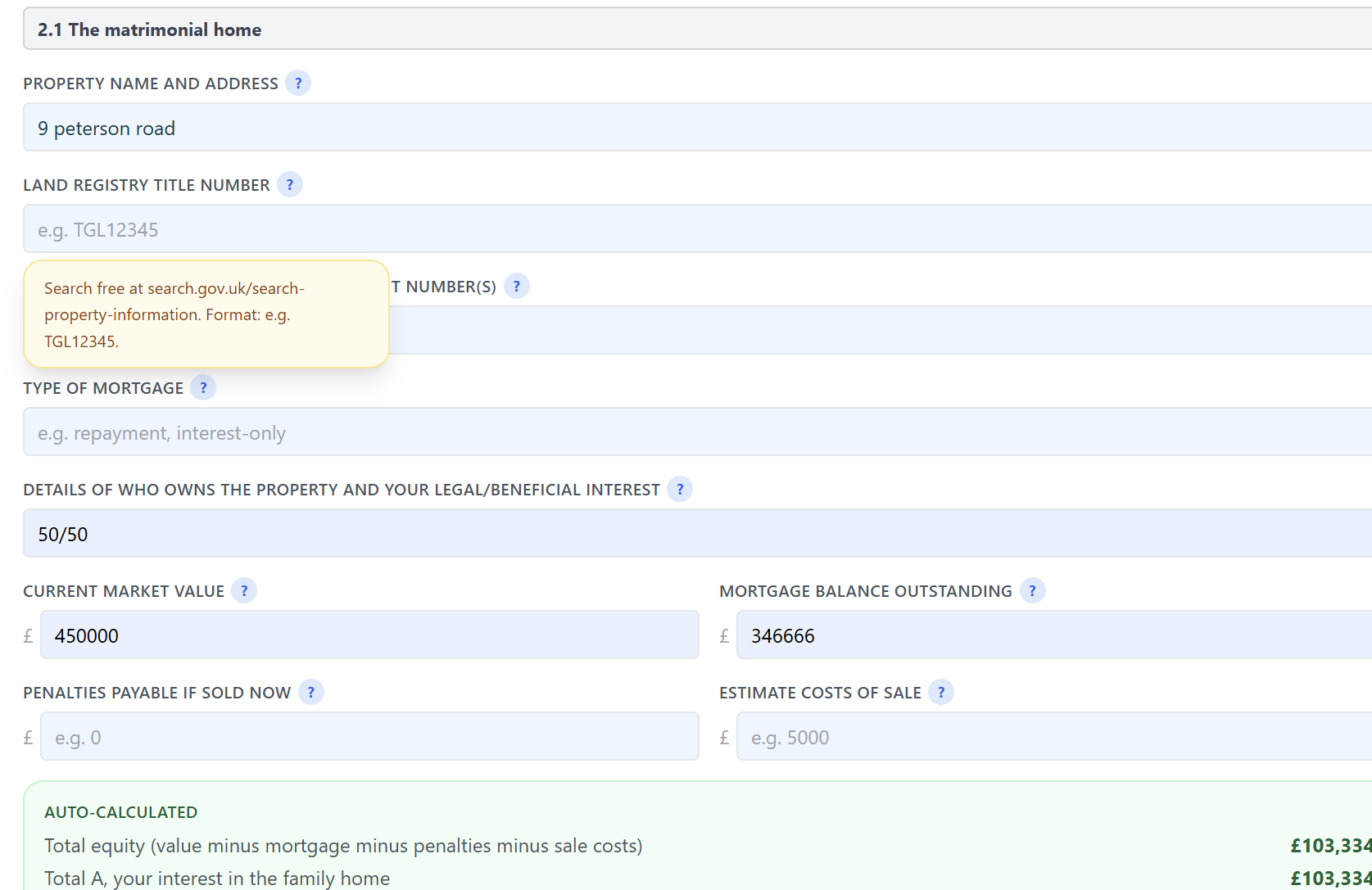 Form E builder Section 2.1 matrimonial home with live equity auto-calculation showing total equity over 100,000 pounds